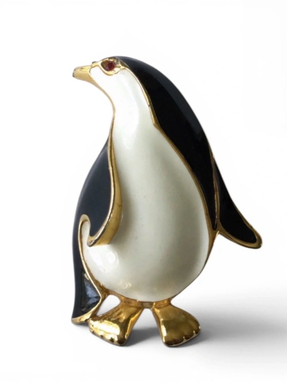 Vintage 1970s Gold-Tone & Enamel Penguin Brooch, Black & Ivory - Picture 3 of 10